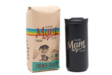 Load image into Gallery viewer, Cafe Man coffee package and black tumbler on a white background
