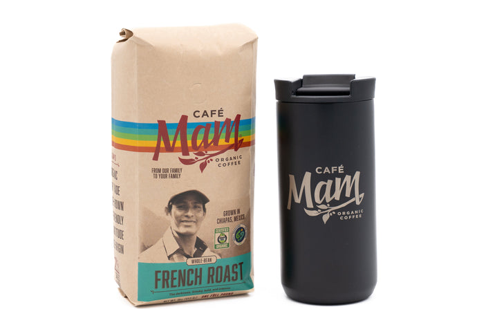 Cafe Man coffee package and black tumbler on a white background