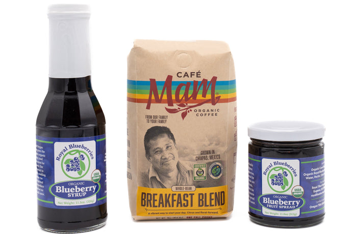 Coffee, blueberry syrup and jam