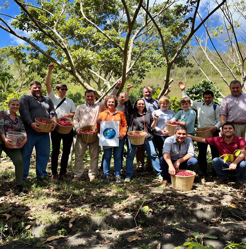 Group of people holding baskets of fruit in a forest setting