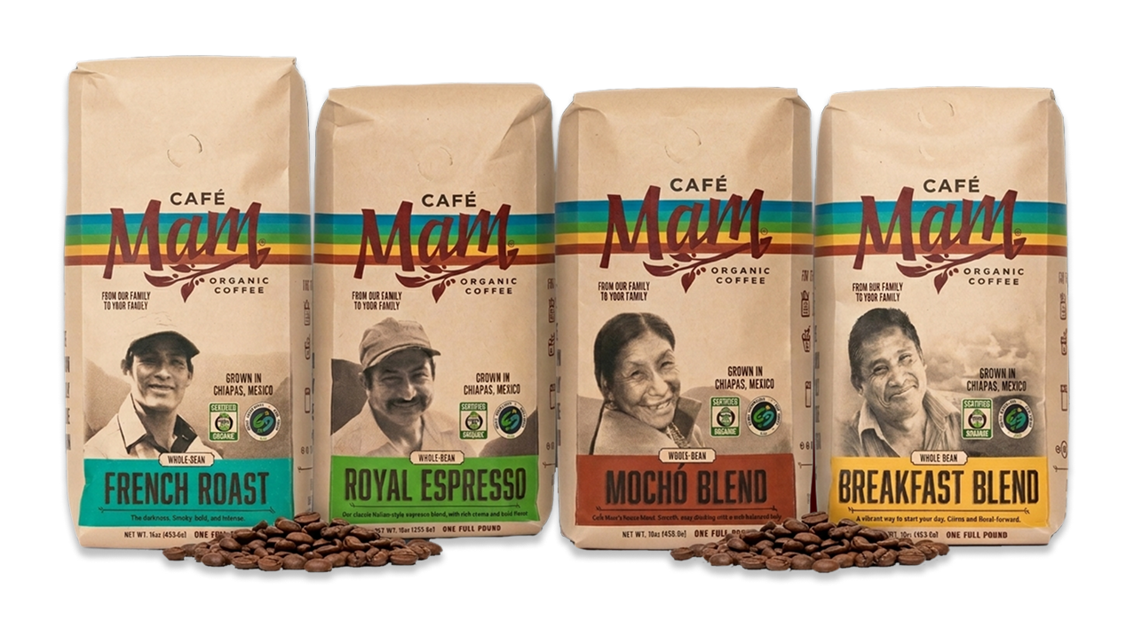 Four bags of Café Mam coffee with different blends and a white background