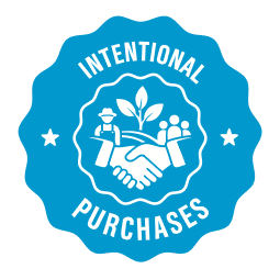 Logo with handshake icon, people, and leaves with 'Intentional Purchases' text on a blue background