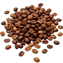 Pile of roasted coffee beans on a white background