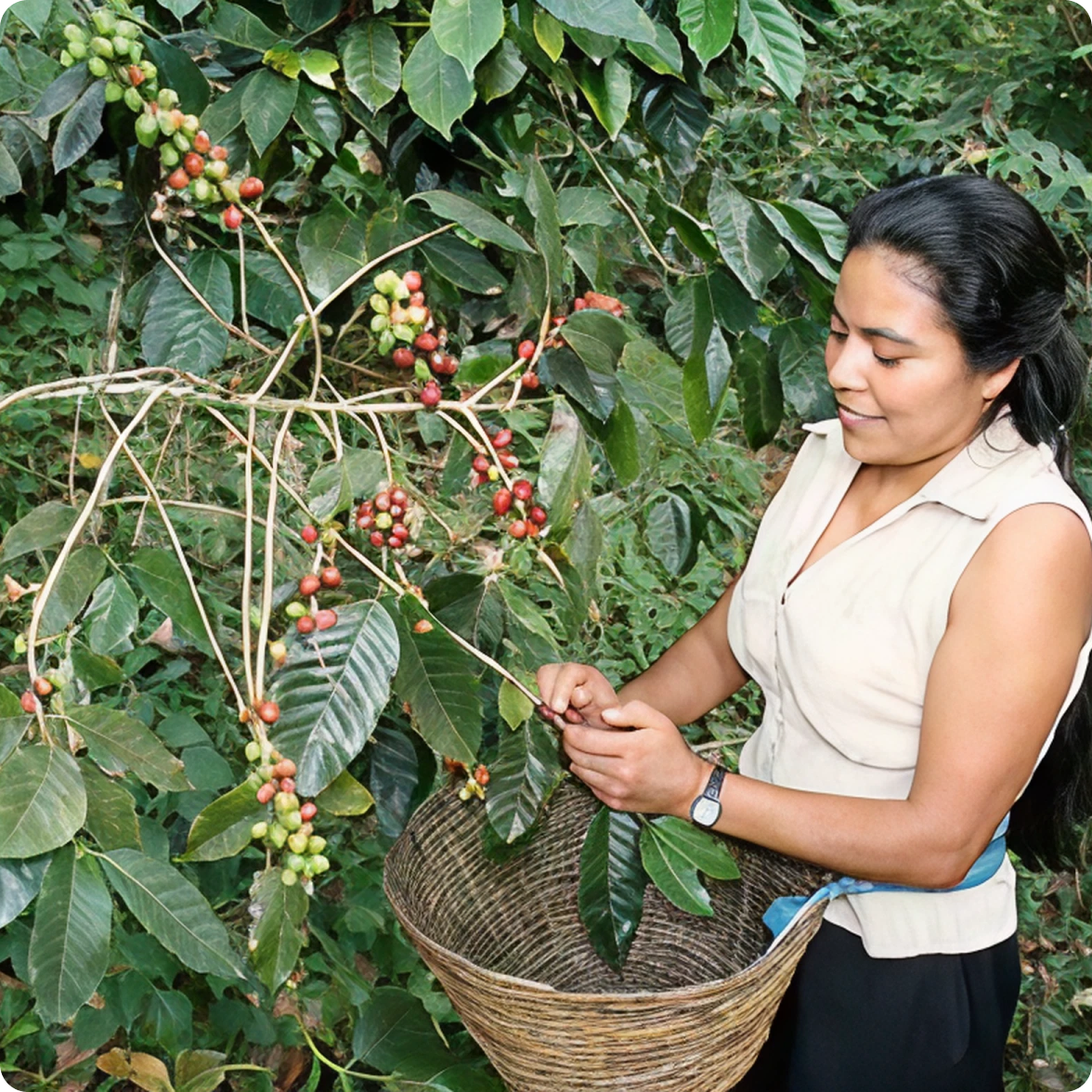 Woman harvesting coffee beans from a tree with a basket.
