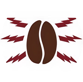 Two coffee beans with red lightning bolt symbols around them on a white background