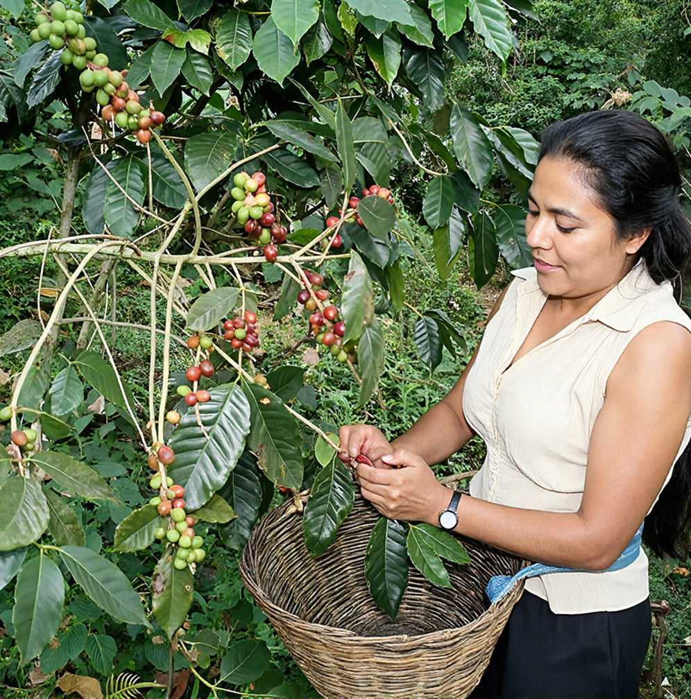 Woman picking coffee beans from a tree in a lush green coffee plantation.