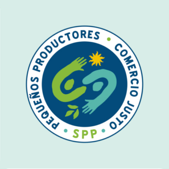 Logo of Pequeños Productores Comercio Justo on a light blue background