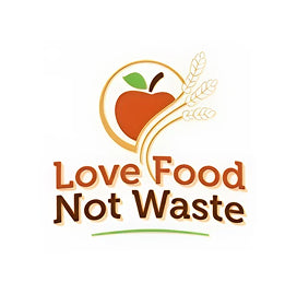 Logo with an apple and leaves, accompanied by the text 'Love Food Not Waste' on a white background.