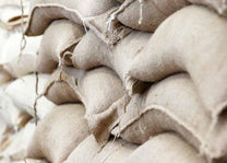 Burlap sacks full of green coffee. 